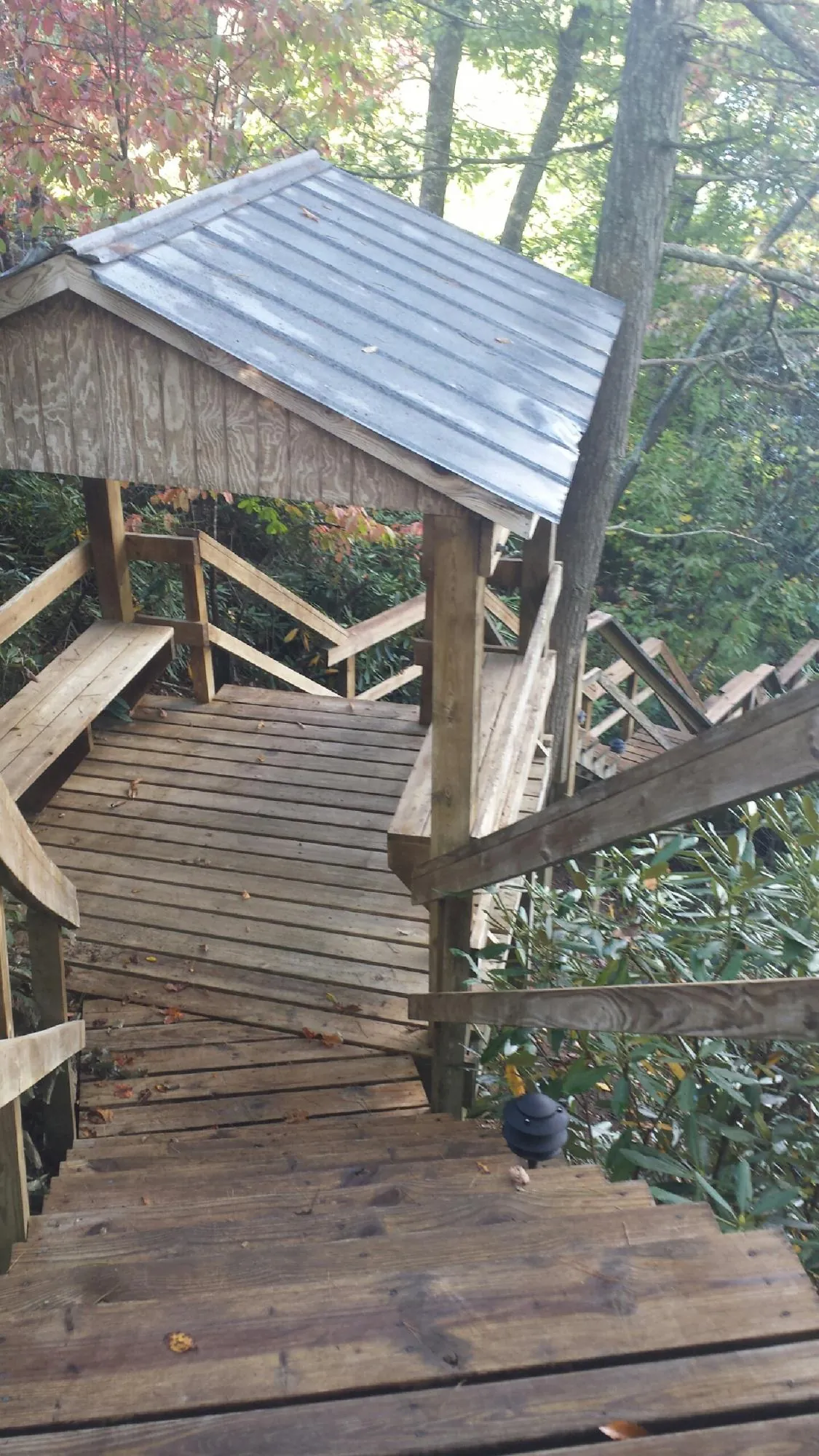 Metal roofed shelter over wooden steps on a wooded walkway — Skylight Repair & Installation work by our crew in Falls Church